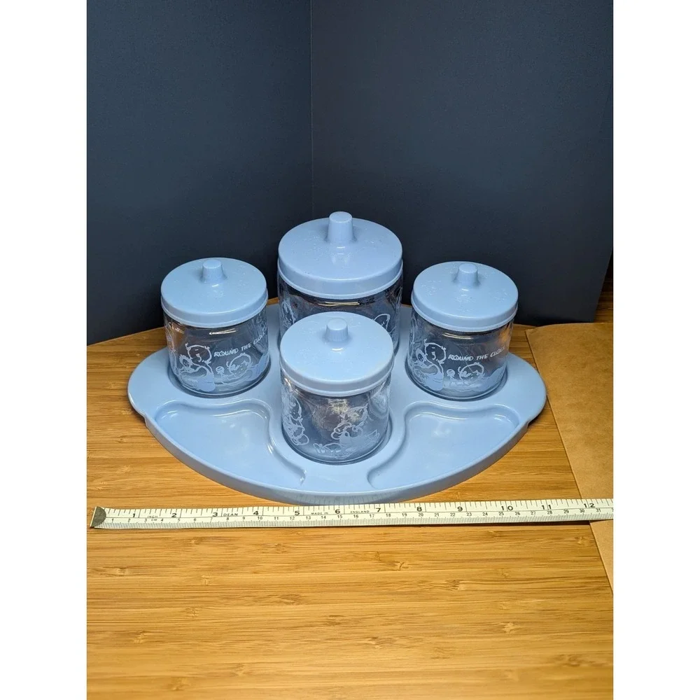 Vintage Baby Nursery BLUE Vanity Changing Table Glass Jar Set W/Tray Lids 1950s